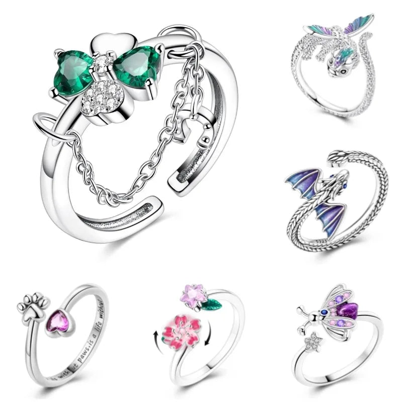 Clover Adjustable Ring Silver Rotating Cherry Blossom Flower Open Rings For Women Wedding Jewelry Gift - Image 1