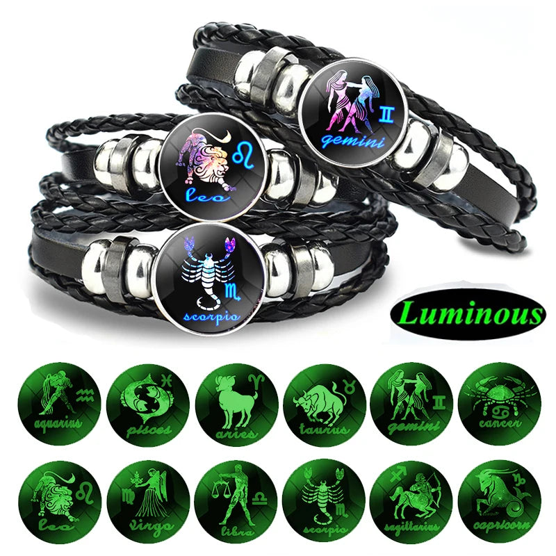 Birthday Present 12 Constellation Luminous Bracelet Leather Bracelet Zodiac Charm Bracelet for Men Women - Image 1
