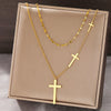 Double-Layer Stainless Steel Cross Pendant Necklace with Choker-Length Chain - Image 3