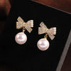 Korean Crystal Bow Drop Earrings White Red Round Imitation Pearl Dangle Earrings for Women Elegant Party Jewelry - Image 1