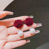 Simulation Pearl Red Flower Earrings For Women Wedding Stud Earrings Korean Jewelry Gifts - Image 8