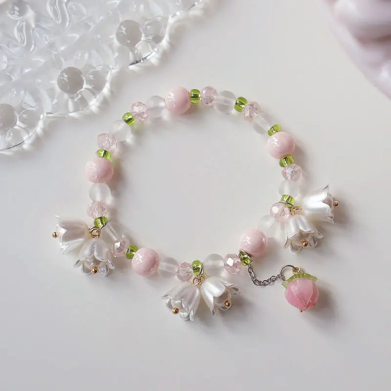 Sweet Vintage Pearl Lily Tulip Flower Bracelet for Women Cute Tassel Peach Pendant Bracelets Aesthetic Jewelry - Image 1