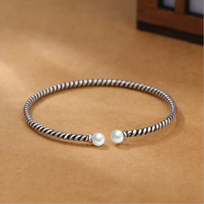 Personality Silver Jewelry Thai Silver Stranded Teeth Double Bead Pearl Simple Bracelet - Image 1