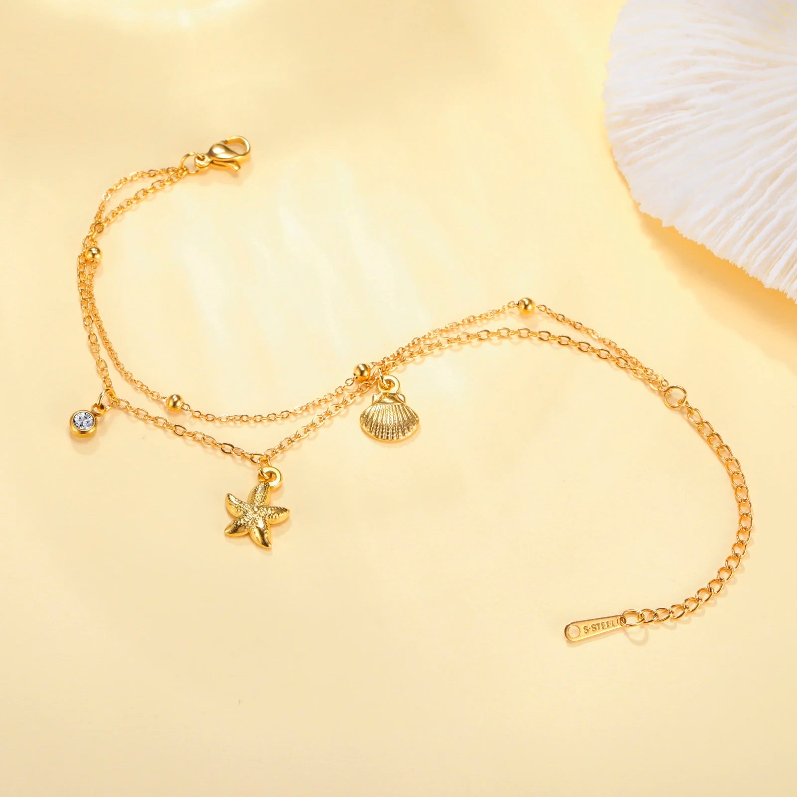 Women Starfish Shell Zircon Charm Bracelet Stainless Steel Double Layer Chain Bracelets Beach Jewelry - Image 1