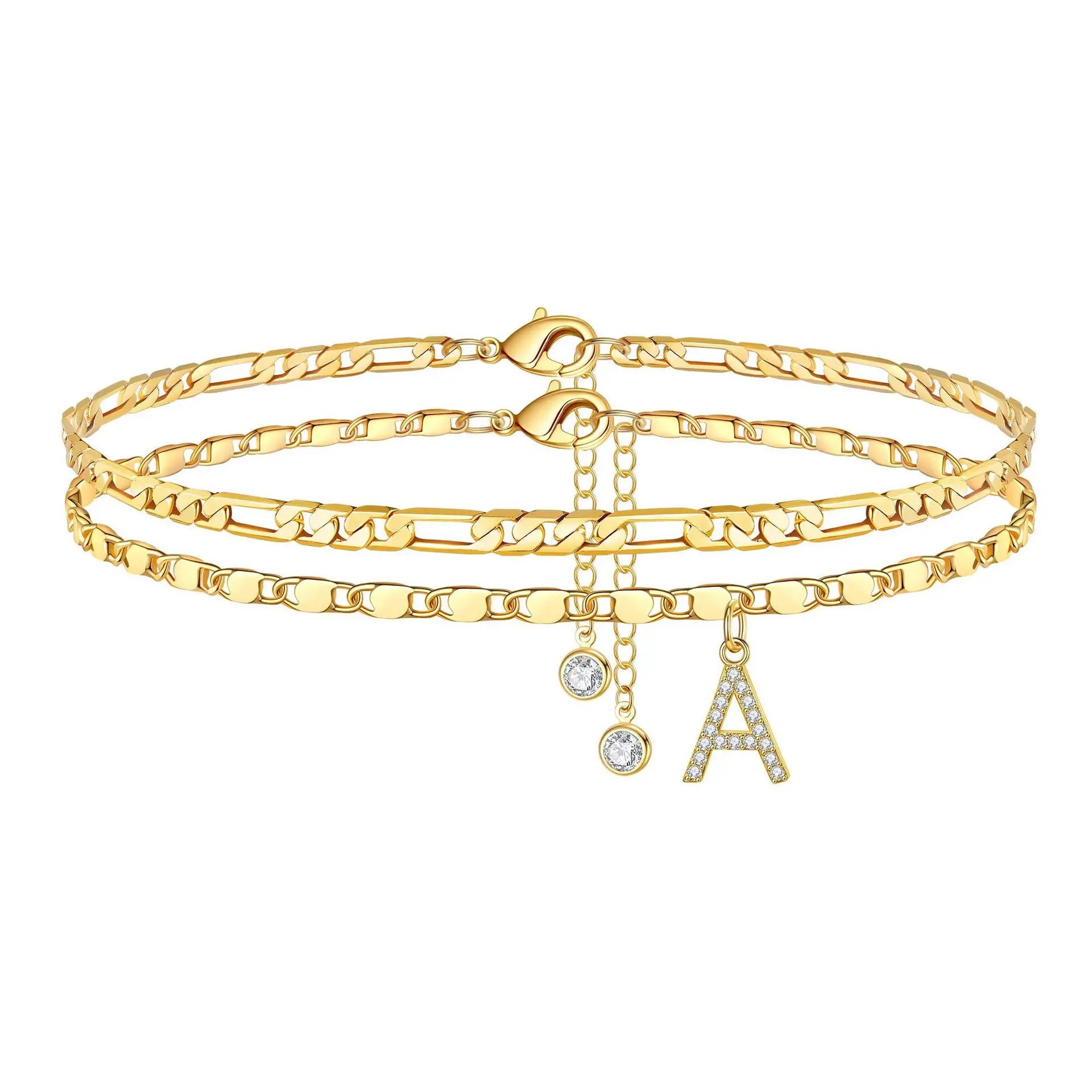 Women Initial CZ Letter Ankle Bracelets Gold Plated Layered Anklets Figaro Chain Anklet Set Summer Beach Jewelry - Image 1