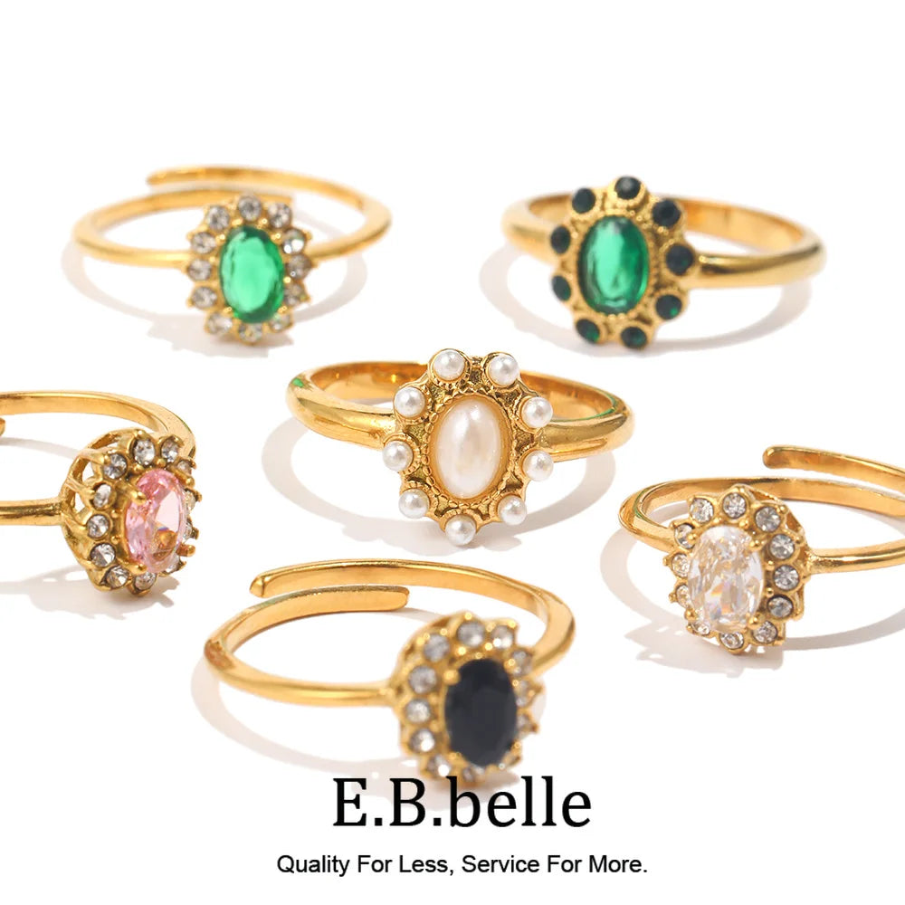 Oval Floral Shape Cubic Zirconia Green Black Clear Stone Rings For Party Adjustable Stainless Steel Rings For Women - Image 1
