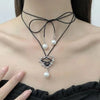 Exaggeration Elegant Pink Black Bow Tie Love Metal Heart Necklace Ribbon Pearl Pendant Necklace for Women Jewelry - Image 3