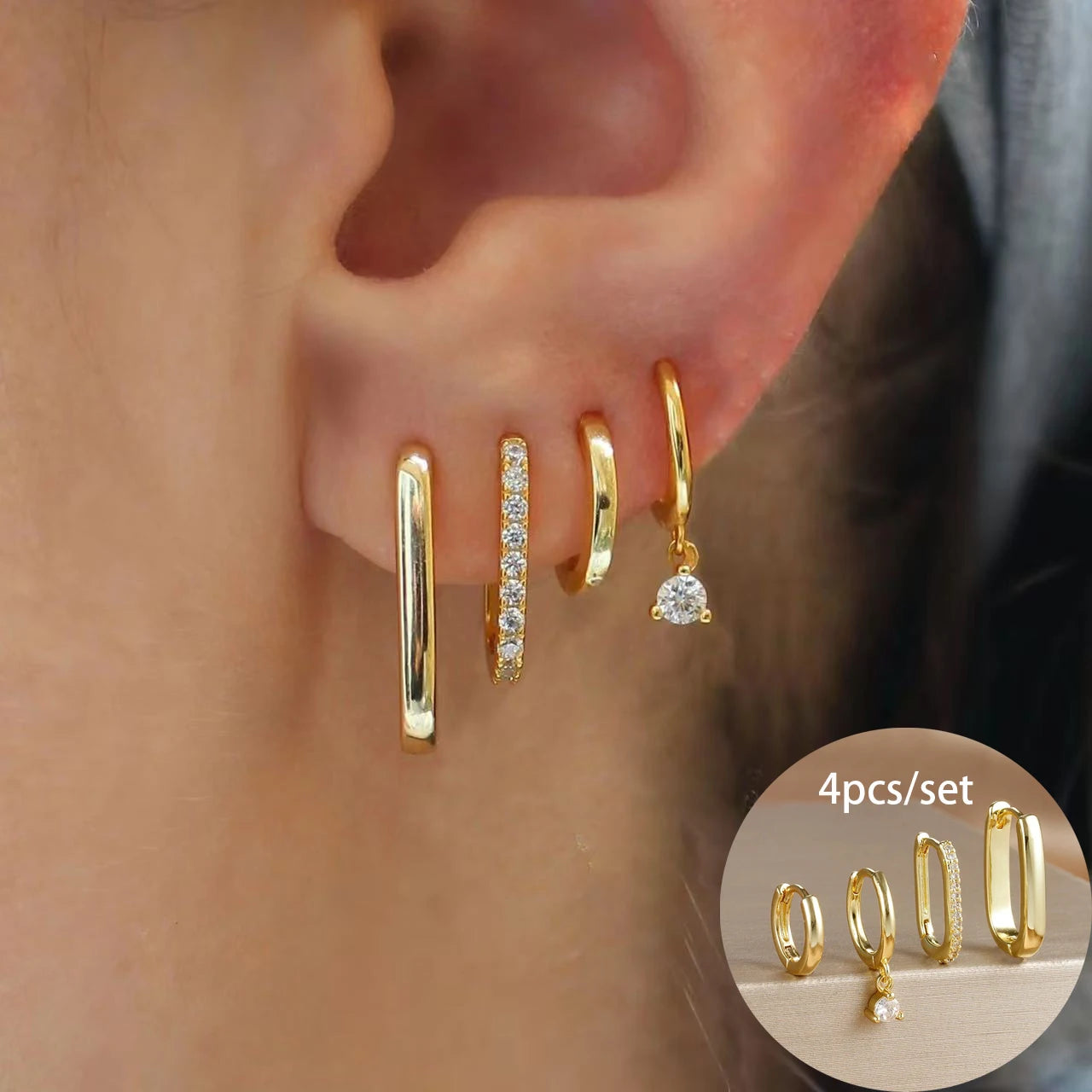 Four-Piece U-Shaped Hoop Earring Set with Geometric Pendants in Gold-Tone or Silver-Tone - Image 1