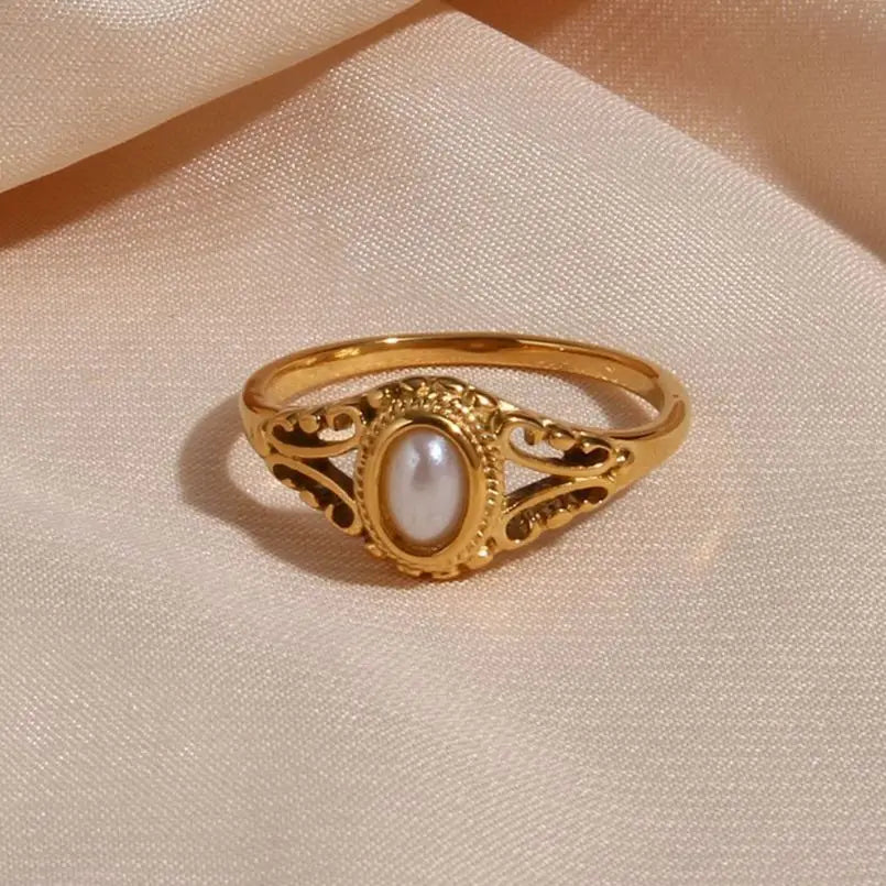Textured Hollow Ring with Pearl in Gold-Tone Stainless Steel - Image 1