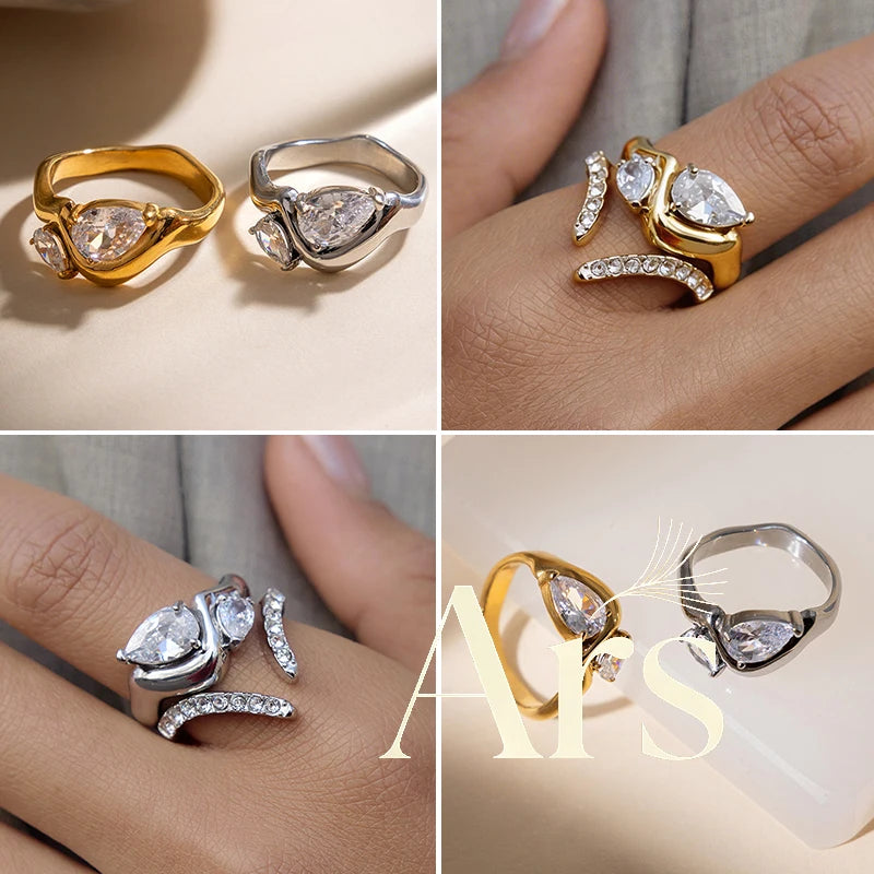 Ars Gold Plated Ring Stainless Steel Ring Double Water Drop Zircon Rings for Women Dainty Everyday Finger Rings - Image 1