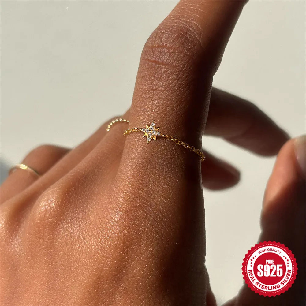 Silver Octagonal Star/Round/Petal Zircon Charms Finger Rings For Women Adjustable Opening Chain Ring Jewelry - Image 1