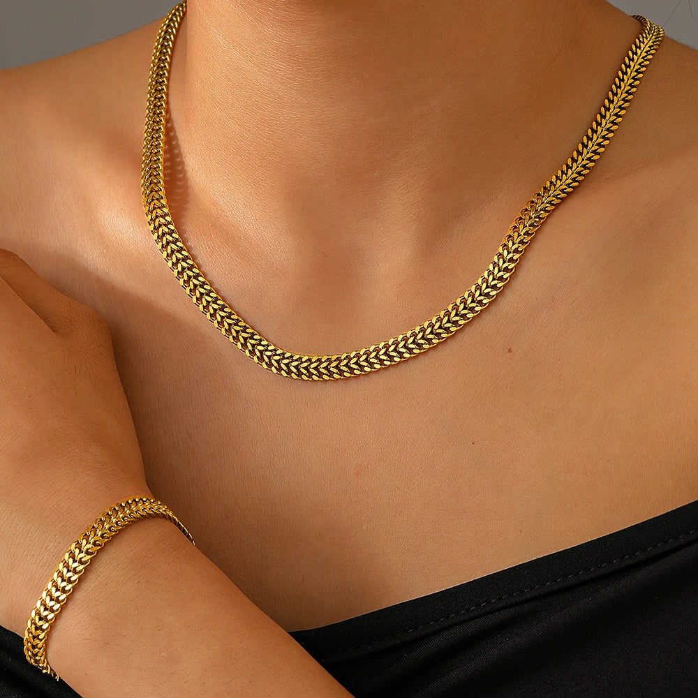 Stainless Steel Set Double Layers Chunky Chain Necklace Bracelet Combo Set Creative For Women Jewelry Party Matching - Image 1
