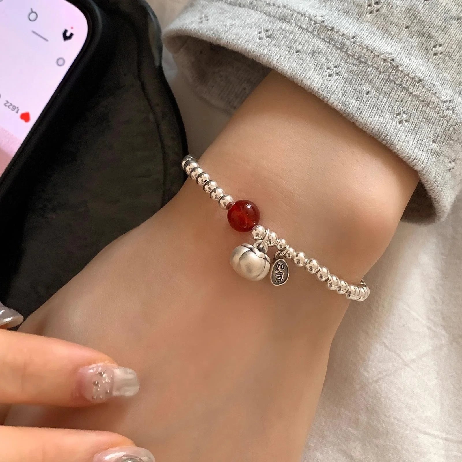 Silver Bracelet Red Persimmon Beaded Elastic Lucky Good For Woman Girl Jewelry Gift - Image 1
