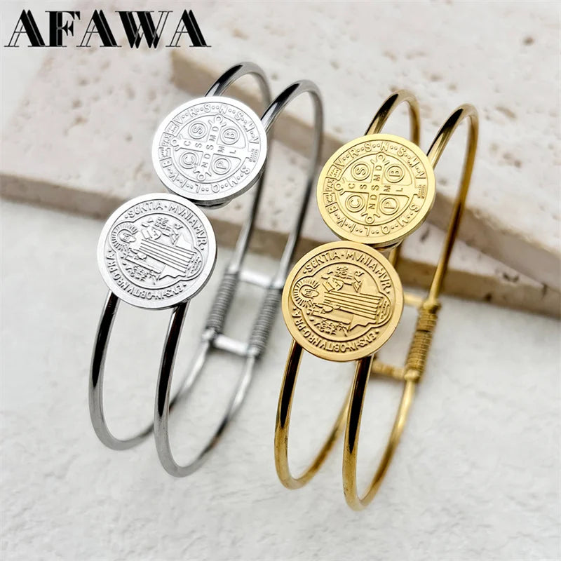 Saint Benedict Cspb Medal Bracelet for Women Men Stainless Steel Gold Silver Color Round Double Line Bangle Jewelry - Image 1
