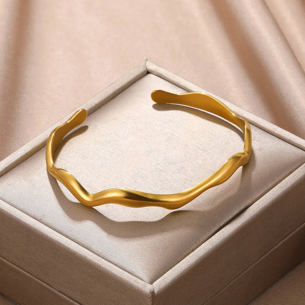 Stainless Steel Wave Open Bangle Bracelet in Gold-Tone or Silver-Tone - Image 1