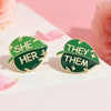 Monstera Leaf Pronoun Enamel Pins, She/Her They/Them Green Plant Lapel Brooches - Image 1