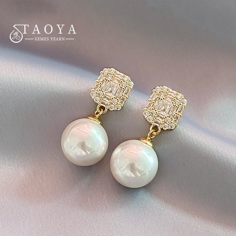 Pearl and Stone Drop Earrings in Gold-Tone or Silver-Tone - Image 1