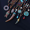 Vintage Handmade Necklace Nepal Buddhist Mala Wood Beads Pendant Necklace Ethnic Fish Horn Long Statement Men Women's Jewelry - Image 1