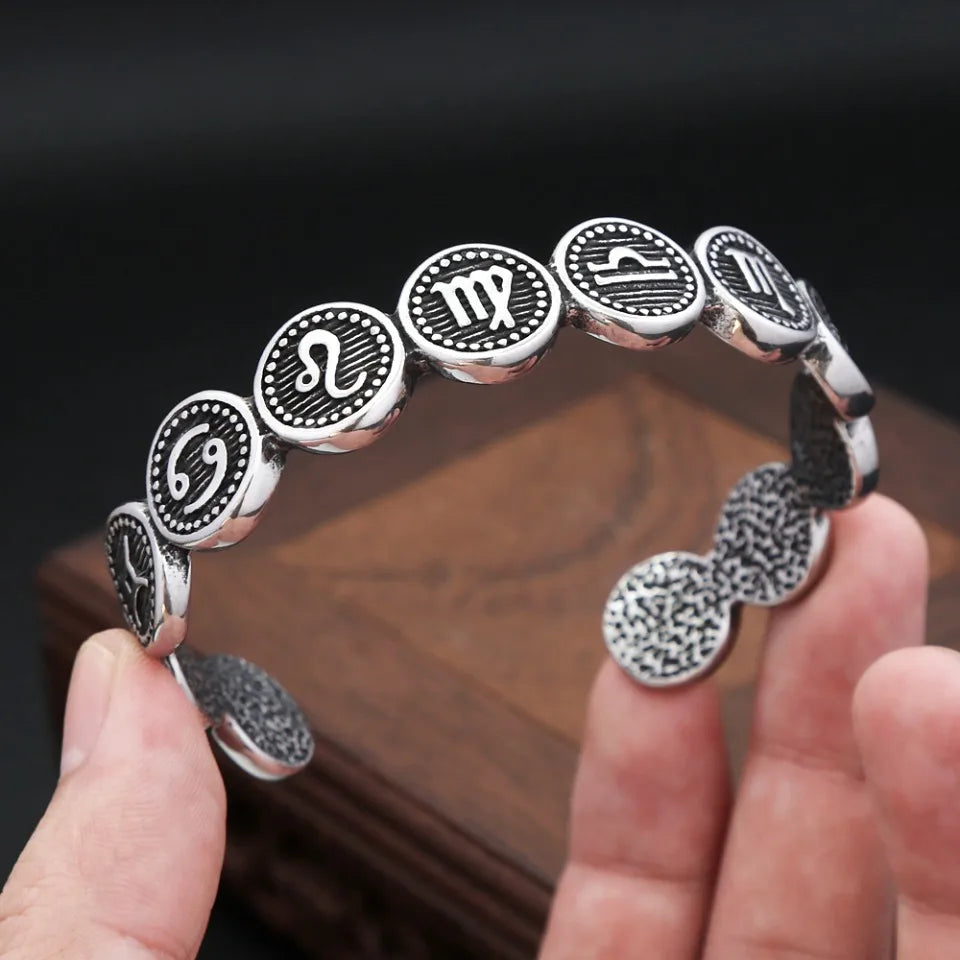 Vintage 12 Constellation Bracelets For Men Women 316L Stainless Steel Opening Bangles Amulet Jewelry - Image 1