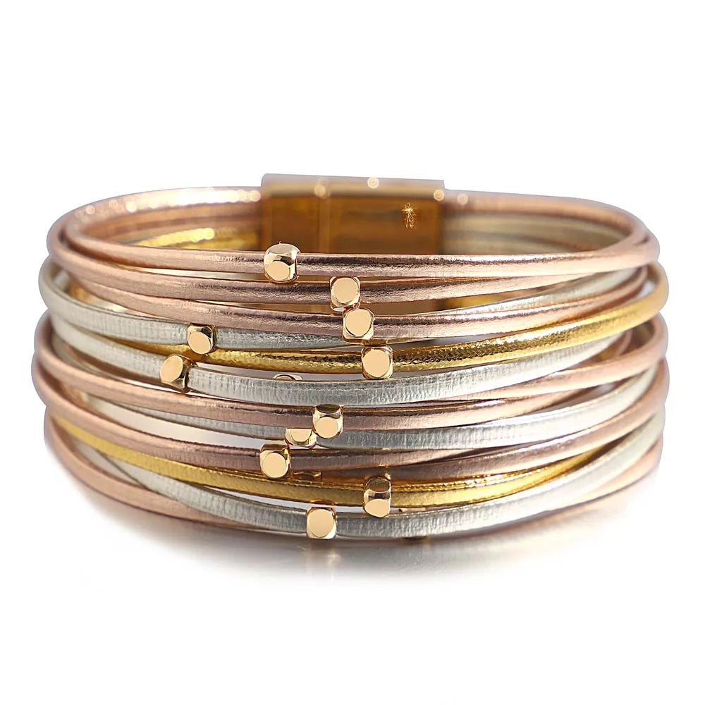 Charm Triple Color Leather Bracelet for Women Bohemian Metal Beads Multilayer Thin Strip Wrap Bracelets Jewelry - Image 1