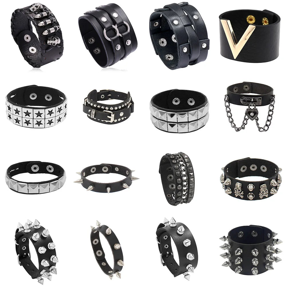 Cool Punk Rocker Wide Cuff Wristband Skull Bracelet Men Gothic Biker Braided Style Pu Leather Bangle Adjustable Black Bracelets - Image 1