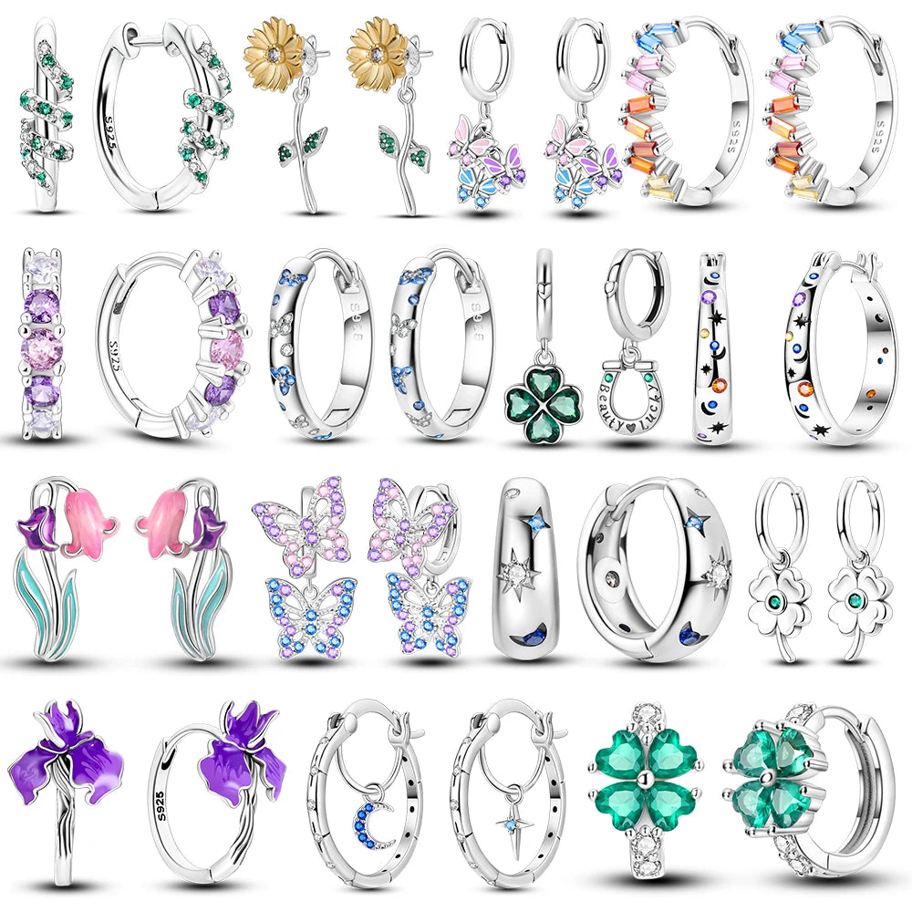 Colorful Cubic Zirconia Huggie Hoop Earrings in Flower Butterfly and Clover Designs - Image 1