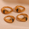 Black Cubic Zirconia Eye Shape Textured Signet Rings For Woman Gold Plated Stainless Steel Finger Rings for Woman - Image 4