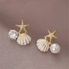 White Pink Shell Starfish Stud Earrings for Women Cute Asymmetric Imitation Pearl Rhinestones Beads Charms Small Ear Jewelry - Image 3