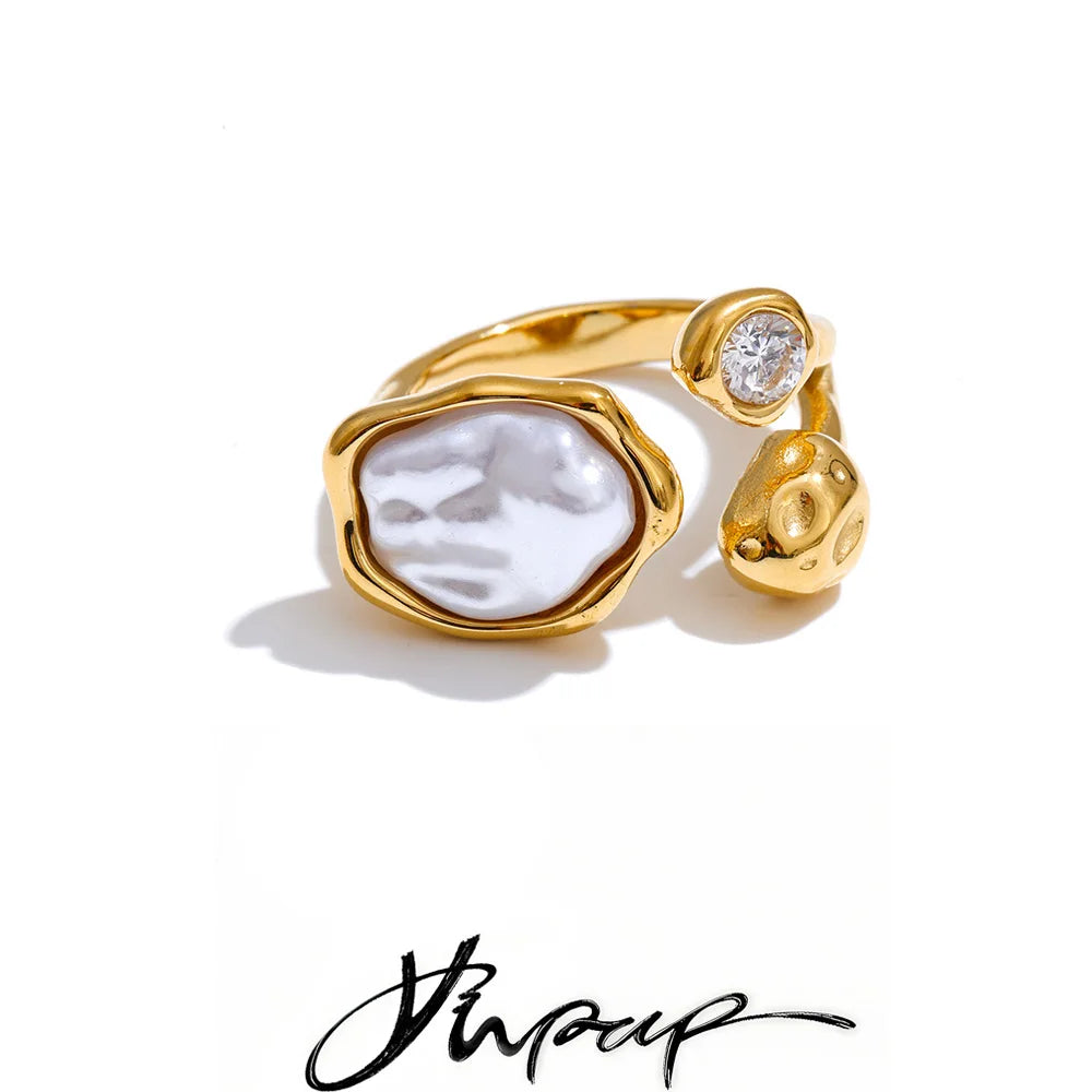Size 8 Stylish Unique Simulated Pearls Zirconia Finger Ring Gold Platinum Plated Stainless Steel Geometry Retro Jewelry - Image 1