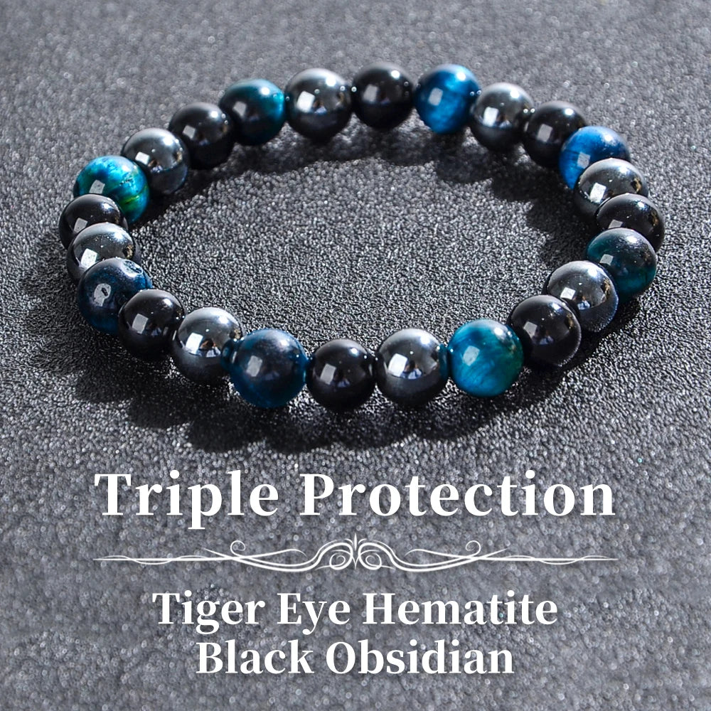 Triple Protection Bracelet, Blue Malachite Black Bile Obsidian Beaded Bracelet, Handmade Stretch Beaded Bracelet - Image 1