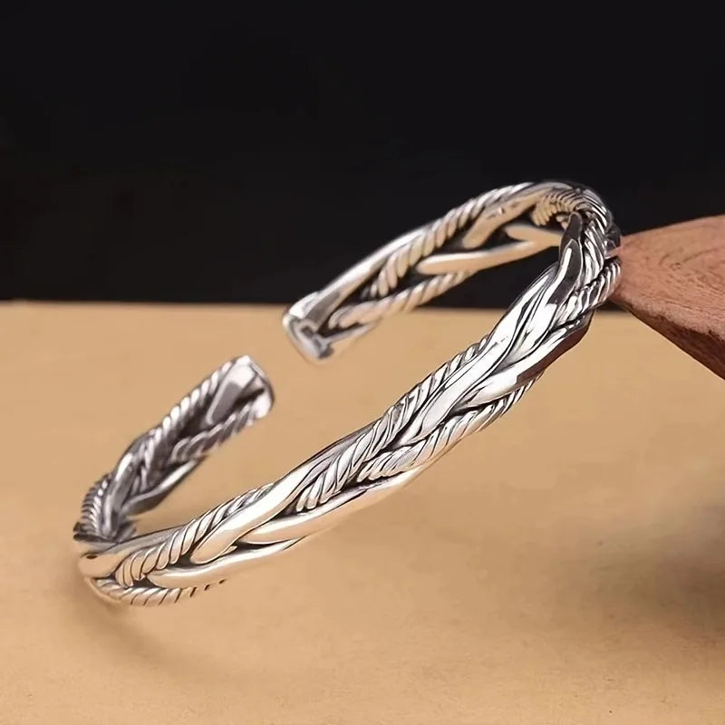 Simple Stainless Steel Twisted Woven Bracelet For Men Silver Color Cross Cuff Opening Wrist Cuff Bangle Unisex Jewelry - Image 1