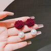 Simulation Pearl Red Flower Earrings For Women Wedding Stud Earrings Korean Jewelry Gifts - Image 3