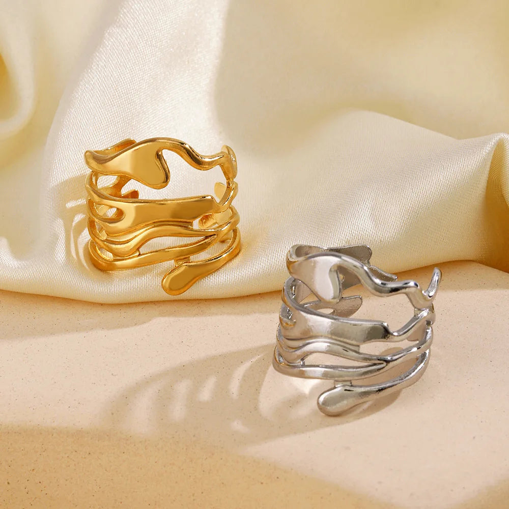 Stainless Steel Lava Irregular Hollow Ring for Women Metal Texture Daily Simple Stylish Golden Rings Jewelry - Image 1