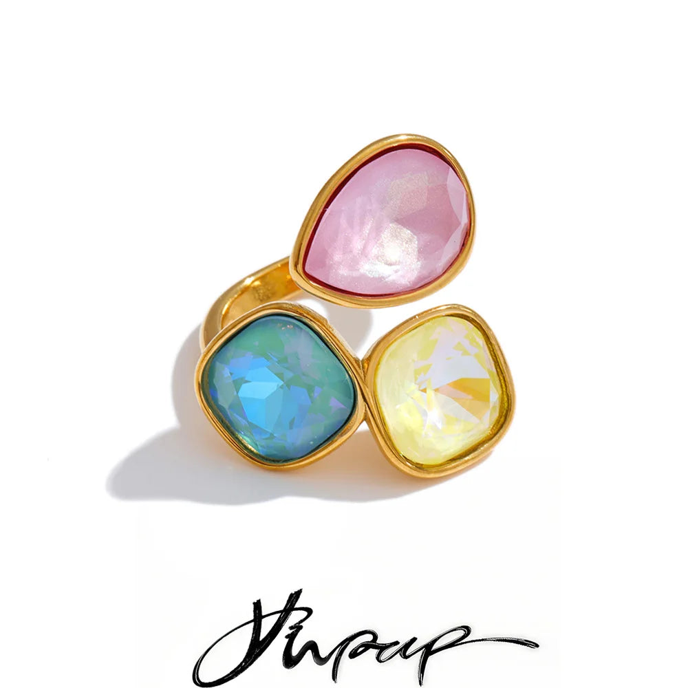 Stainless Steel Colorful K9 Crystal Open Adjustable Ring Golden Pvd Plated Finger Jewelry - Image 1