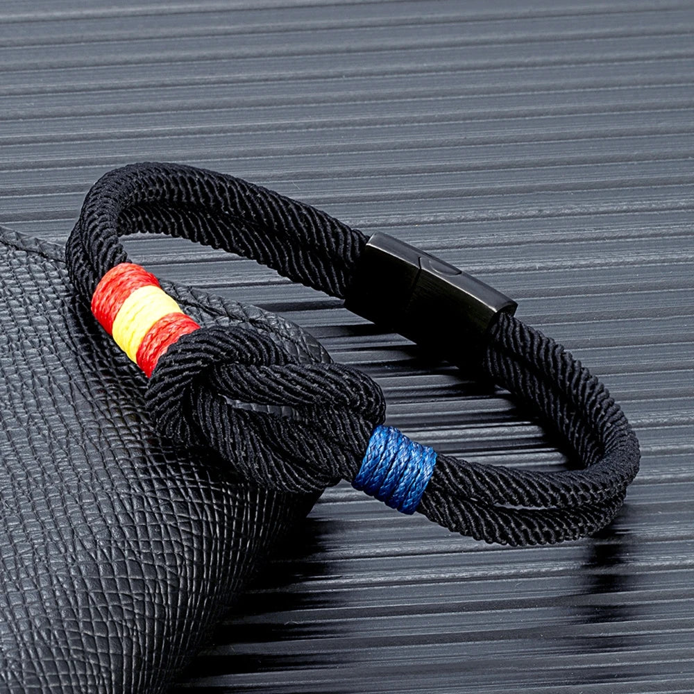 Men Women Spain Flag Double Strand Nautical Rope Bracelet Brushed Black Stainless Steel Magnet Buckle Accessories - Image 1