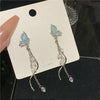 Temperament Blue Glazed Butterfly Dangle Earrings For Women Rhinestone Pearl Tassel Pendant Ear Rings Party Lady Jewelry Gifts - Image 5