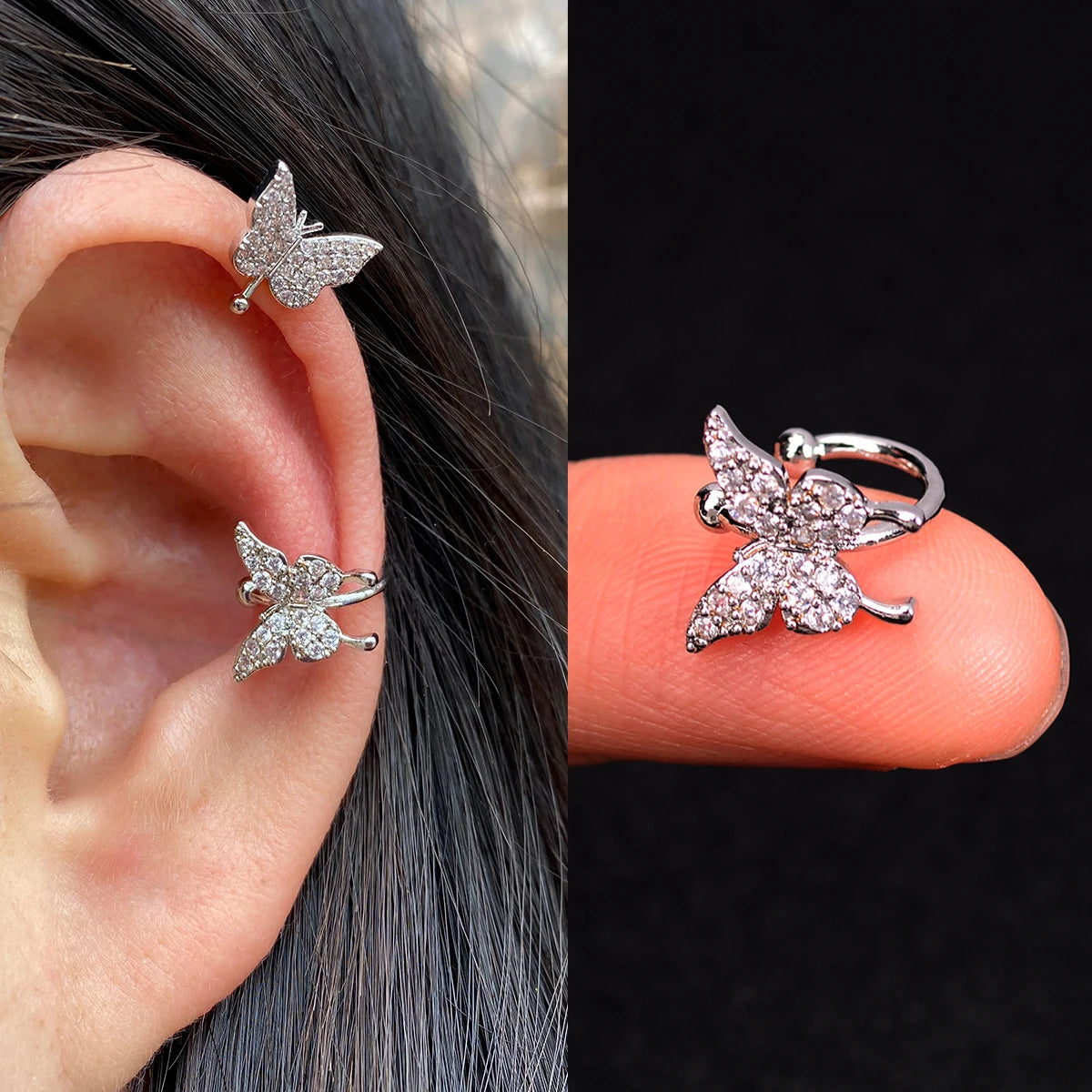Adjustable Ear Cuff No Piercing with Cubic Zirconia Butterfly and Flower Designs - Image 1