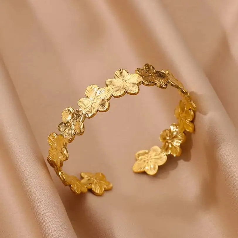 Vintage Flower Bangles For Women Gold Color Stainless Steel Flower Bangles Bracelets Jewelry Party Gift - Image 1
