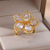 Colored Zircon Double Flower Rings For Women Gold Plated Stainless Steel Flower Opening Ring Wedding Aesthetic Jewelry Gift - Image 8