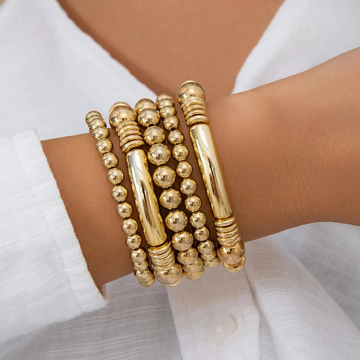 5Pcs/Set Punk Vintage Gold Color Round Beads Bracelets for Women Exaggerated Big Ball Elastic Charm Bangles HipHop Party Jewelry - Image 1
