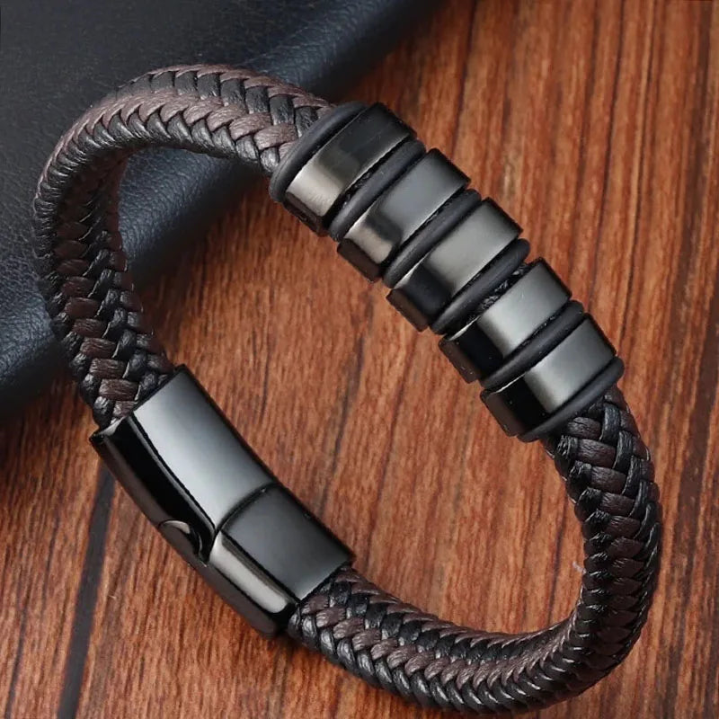 OL Style Men's Bracelets Stainless Steel Cuff Bangle Jewelry Vintage Braided Leather Bracelet for Men Male Wrist Gift - Image 1