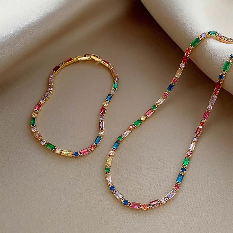 Colorful Zircon Chain Necklace Bracelet for Women Crystal Clavicle Chain Necklace Wedding Jewelry Accessories - Image 1