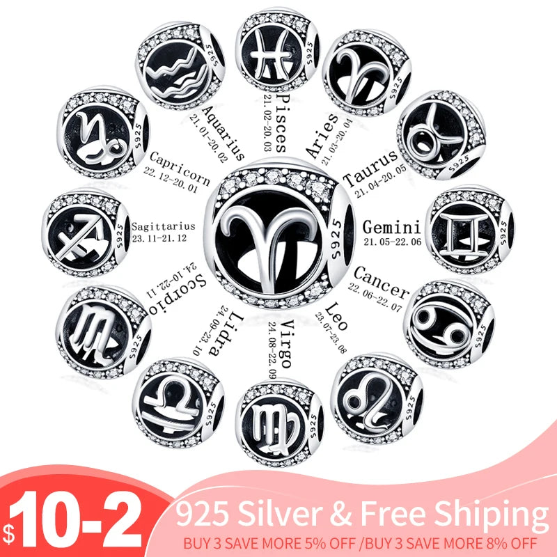 For Pan Bracelet Silver Twelve Constellation Beads plata de ley charms Woman Jewelry Gift - Image 1