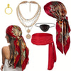 6pcs Halloween Pirate Cosplay Accessory Set Headscarf, Waist Belt, Necklace, Eye Mask. Red/Black, Ideal for Halloween Parties - Image 6