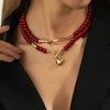 Salircon Red Acrylic Beaded Chain Love Heart Pendant Necklace Women Doublelayer OT Clavicle Chain Daily Wear Jewelry - Image 3