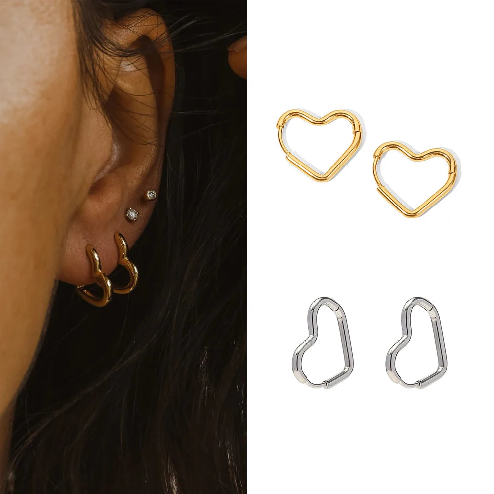 Stainless Steel Heart Hoop Earrings in Gold-Tone or Silver-Tone - Image 1