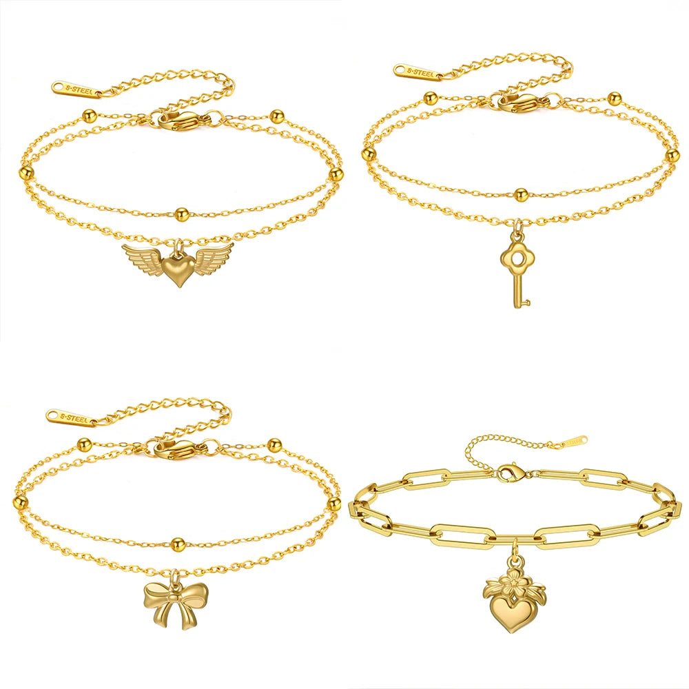 Heart Key Bowknot Charm Bracelet Stainless Steel Gold Color Double Layer Beads Chain Anklet Jewelry Gift - Image 1