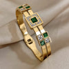 Stainless Steel Large Green Zircon Gold Plated Bracelet Rhinestone Layered Cuff Bracelet Jewelry - Image 3