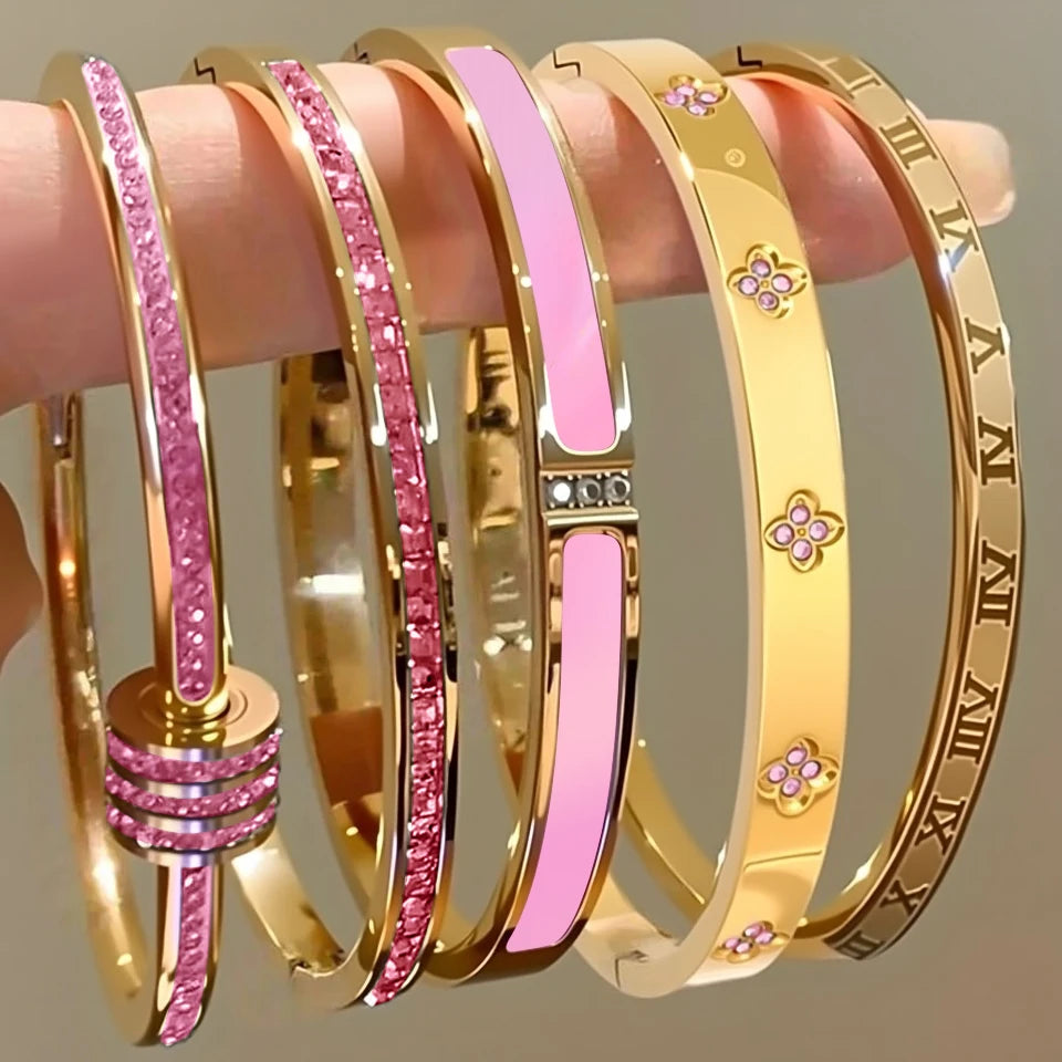 Buling Pink Crystal Zirconia Stainless Steel Bracelet for Women Versatile Stackable Jewelry Bangle Gift - Image 1