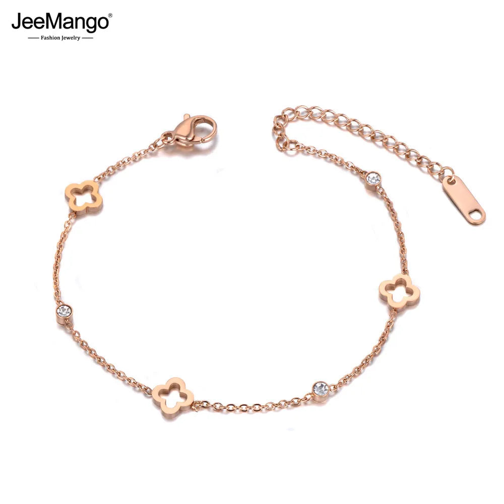 JeeMango 316L Stainless Steel CZ Crystal Flower Plant Charm Bracelets For Women Gold Chain Link Jewelry Браслет - Image 1
